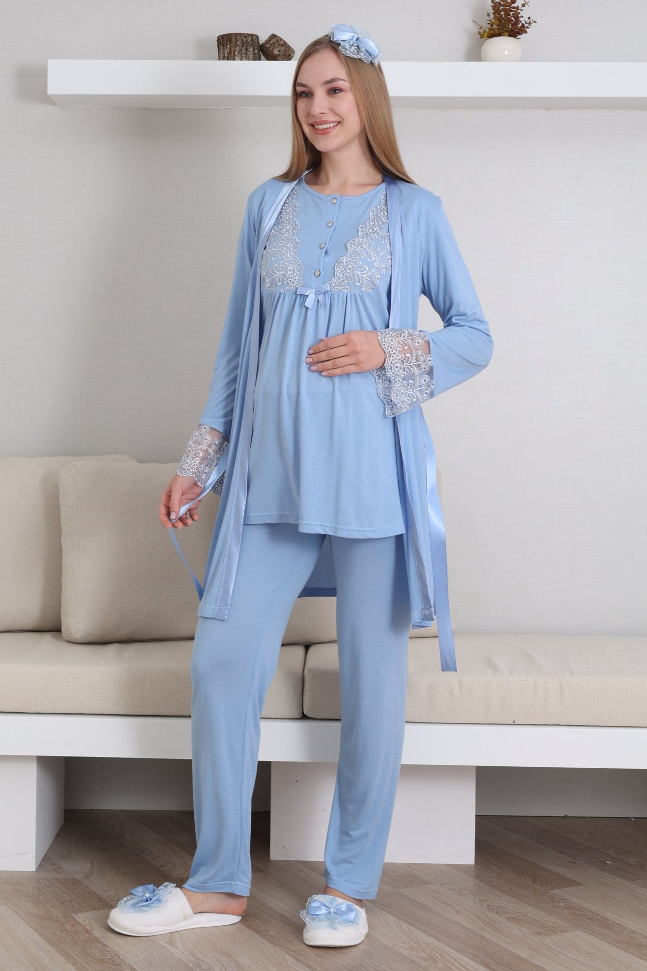 Dantelli Kol Lohusa Pijama ve Sabahlık Takımı - 3434