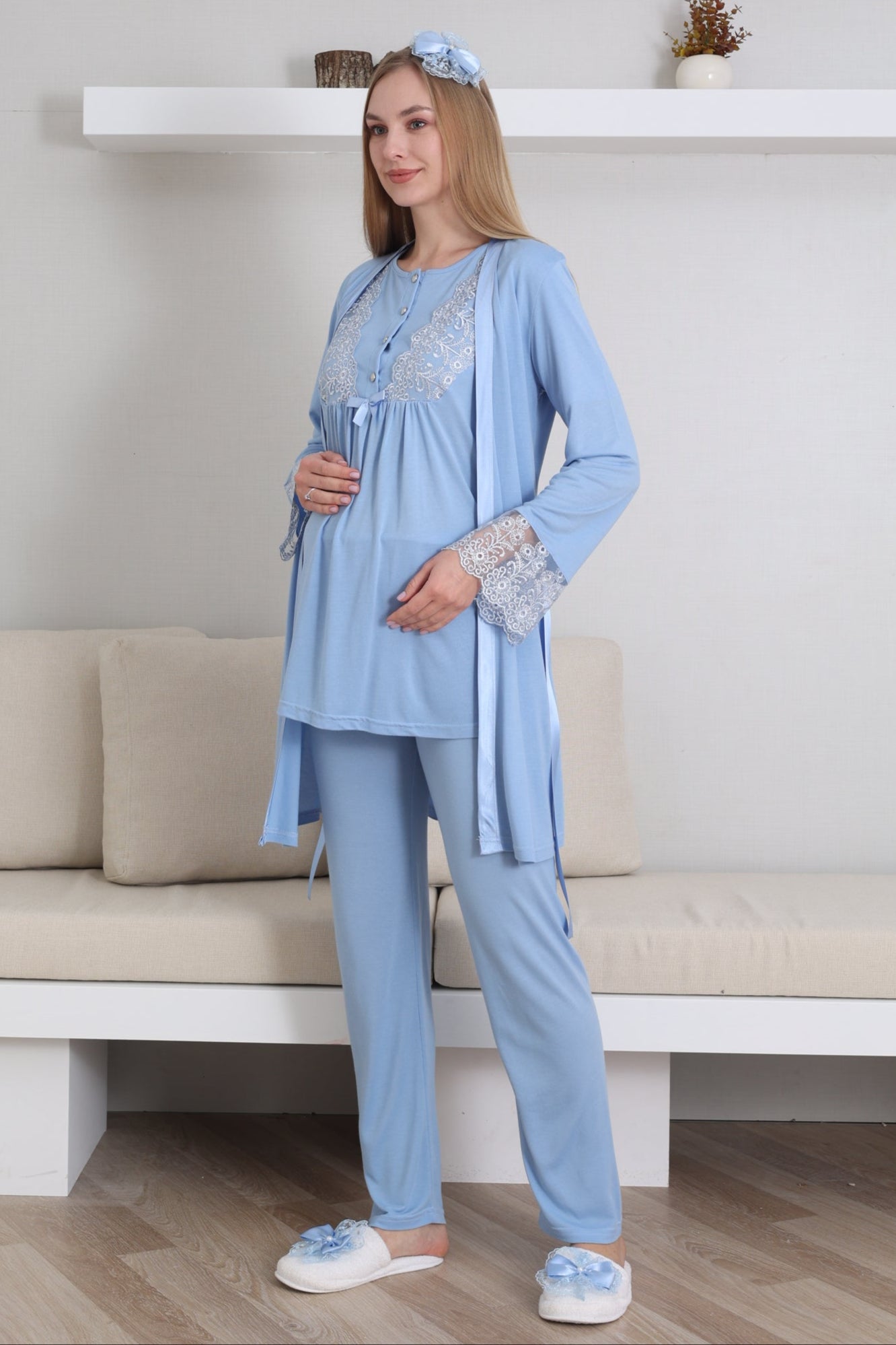 Dantelli Kol Lohusa Pijama ve Sabahlık Takımı - 3434