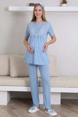 Image of Dantelli Kol Lohusa Pijama ve Sabahlık Takımı - 3434