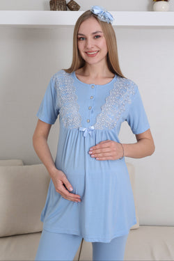 Image of Dantelli Kol Lohusa Pijama ve Sabahlık Takımı - 3434