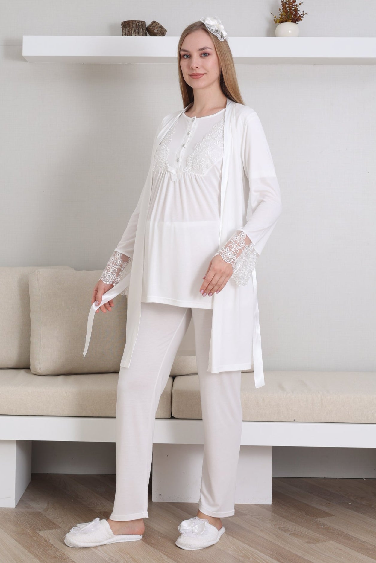 Dantelli Kol Lohusa Pijama ve Sabahlık Takımı - 3434