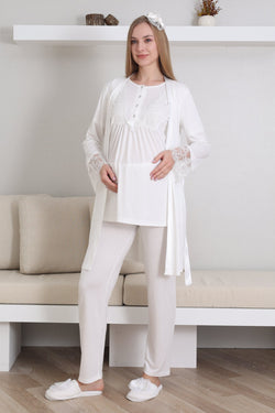 Image of Dantelli Kol Lohusa Pijama ve Sabahlık Takımı - 3434