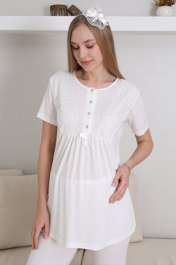 Image of Dantelli Kol Lohusa Pijama ve Sabahlık Takımı - 3434