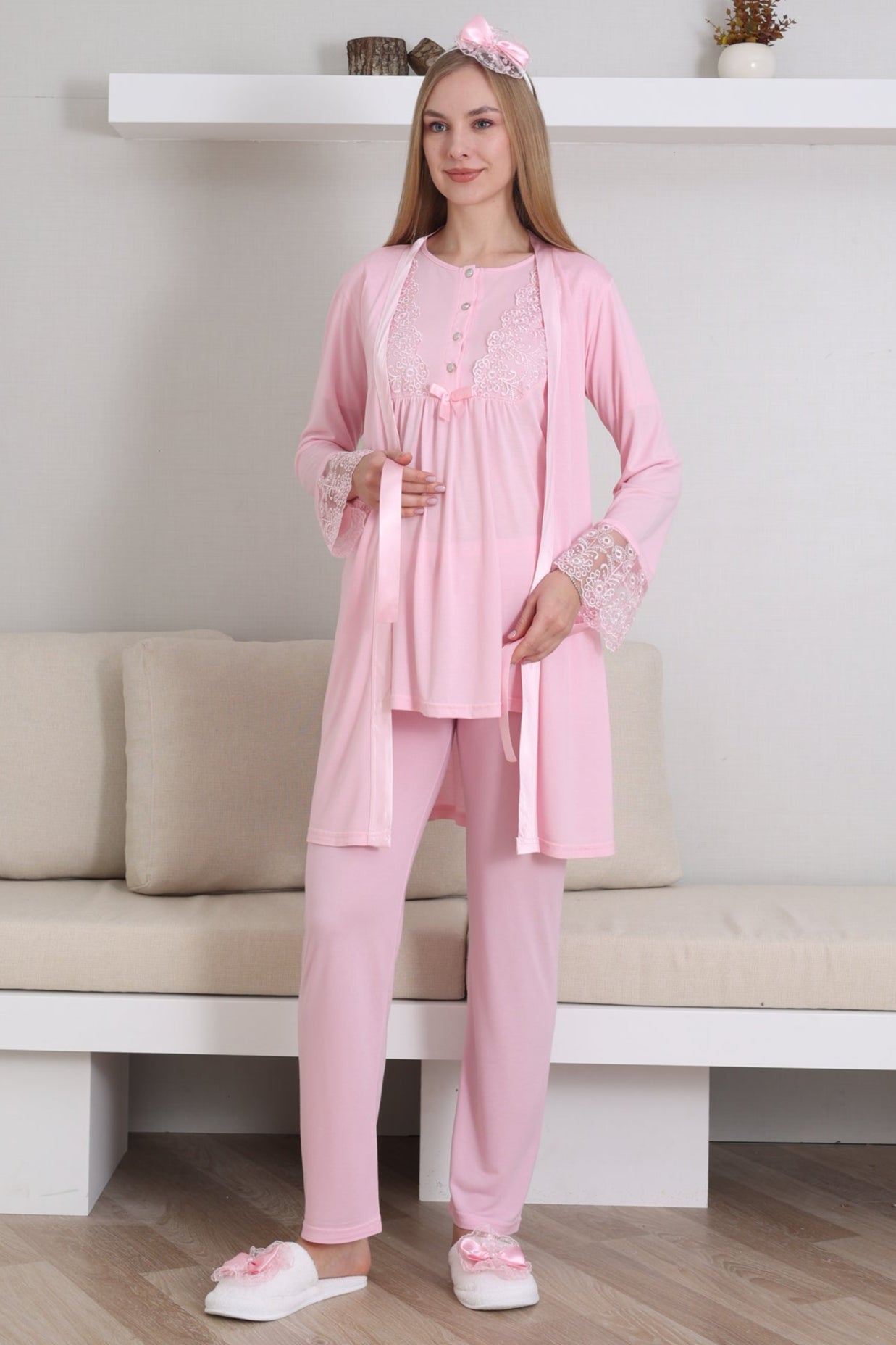 Dantelli Kol Lohusa Pijama ve Sabahlık Takımı - 3434