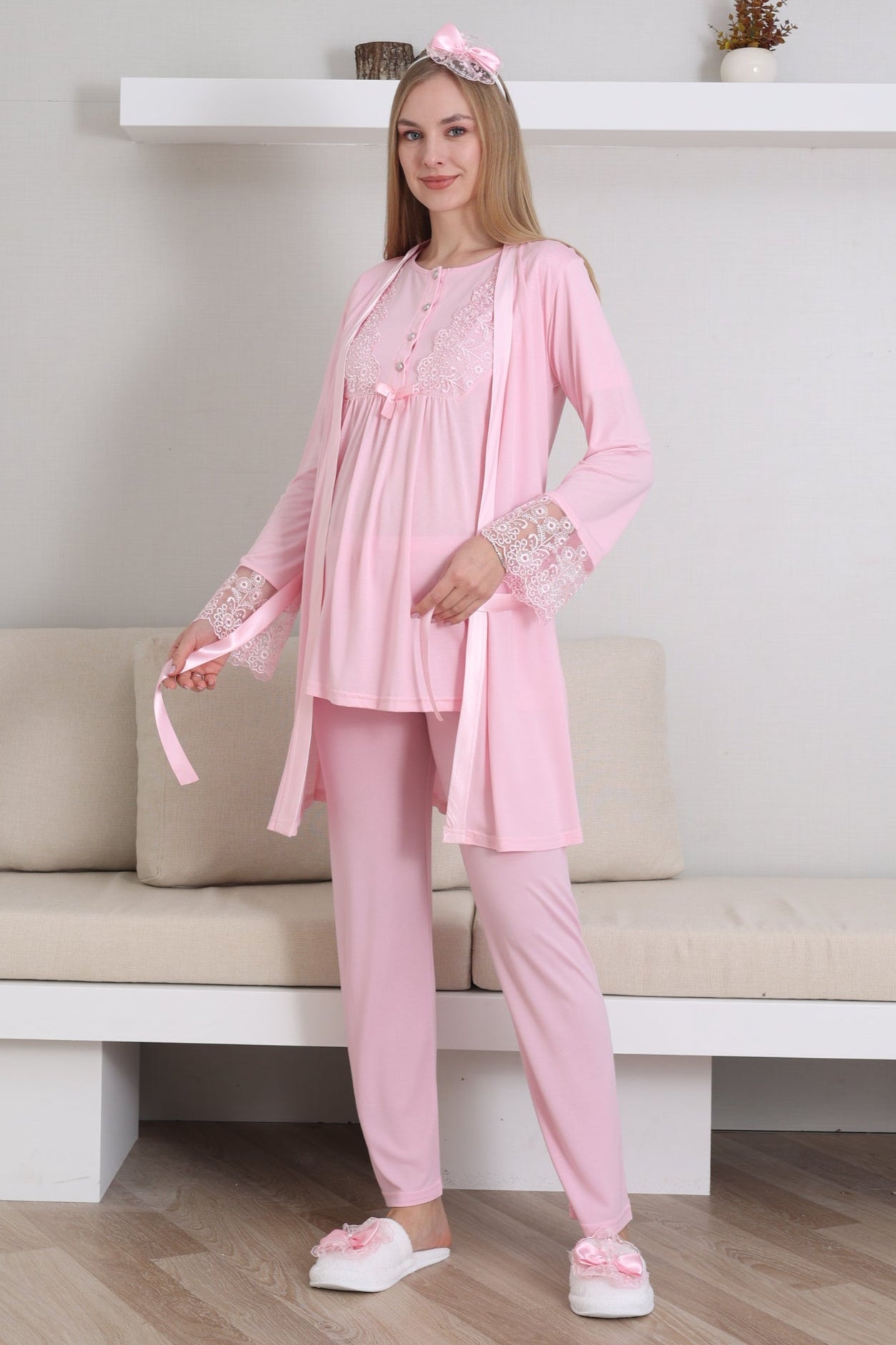 Dantelli Kol Lohusa Pijama ve Sabahlık Takımı - 3434