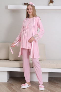 Image of Dantelli Kol Lohusa Pijama ve Sabahlık Takımı - 3434