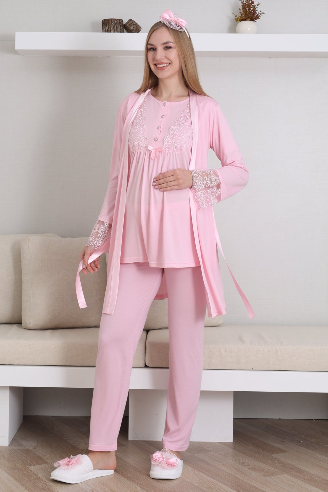 Dantelli Kol Lohusa Pijama ve Sabahlık Takımı - 3434