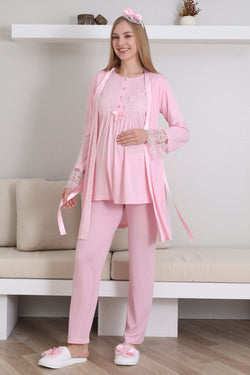 Image of Dantelli Kol Lohusa Pijama ve Sabahlık Takımı - 3434