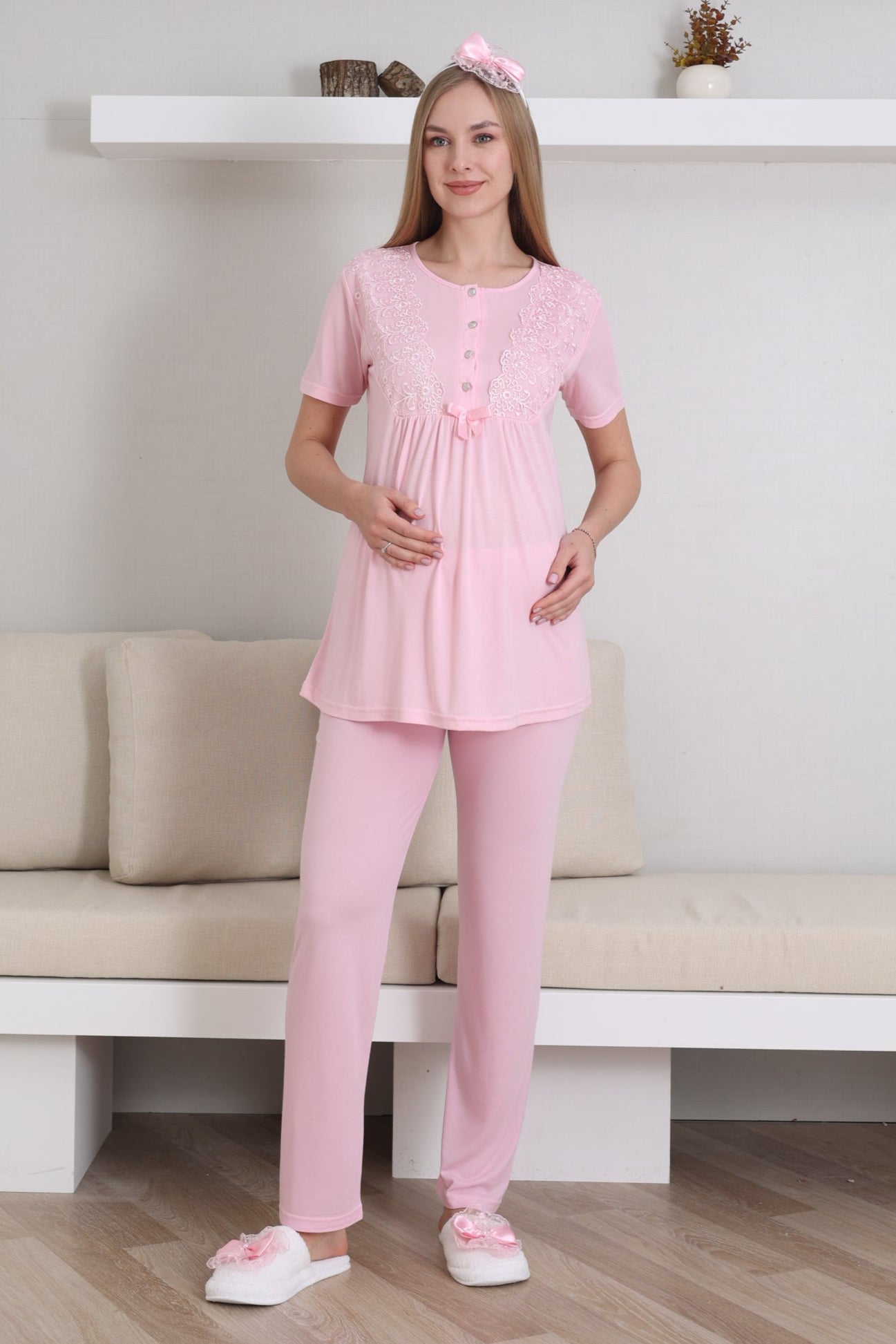 Dantelli Kol Lohusa Pijama ve Sabahlık Takımı - 3434