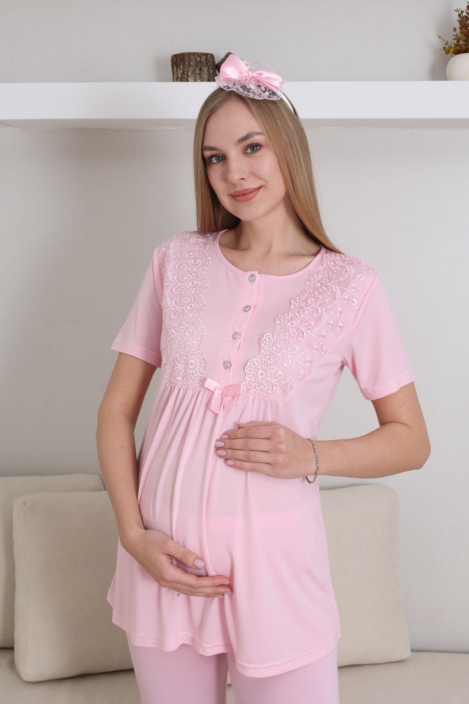Dantelli Kol Lohusa Pijama ve Sabahlık Takımı - 3434