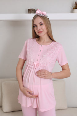 Image of Dantelli Kol Lohusa Pijama ve Sabahlık Takımı - 3434