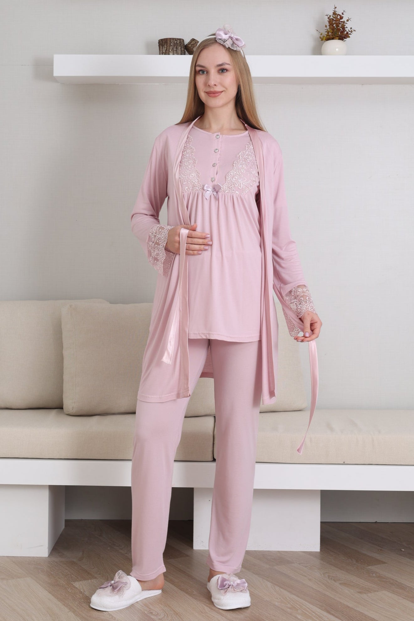 Dantelli Kol Lohusa Pijama ve Sabahlık Takımı - 3434