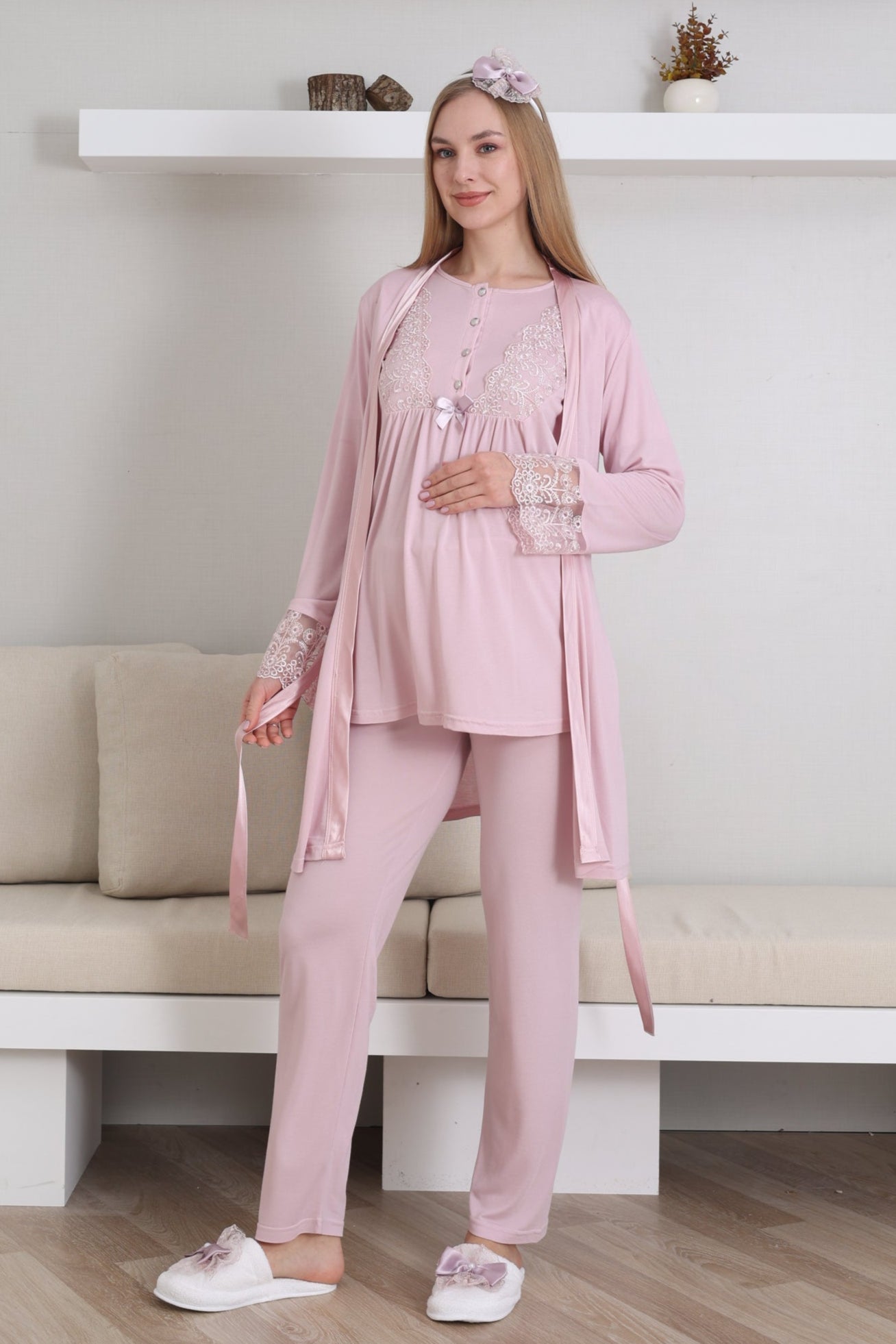 Dantelli Kol Lohusa Pijama ve Sabahlık Takımı - 3434
