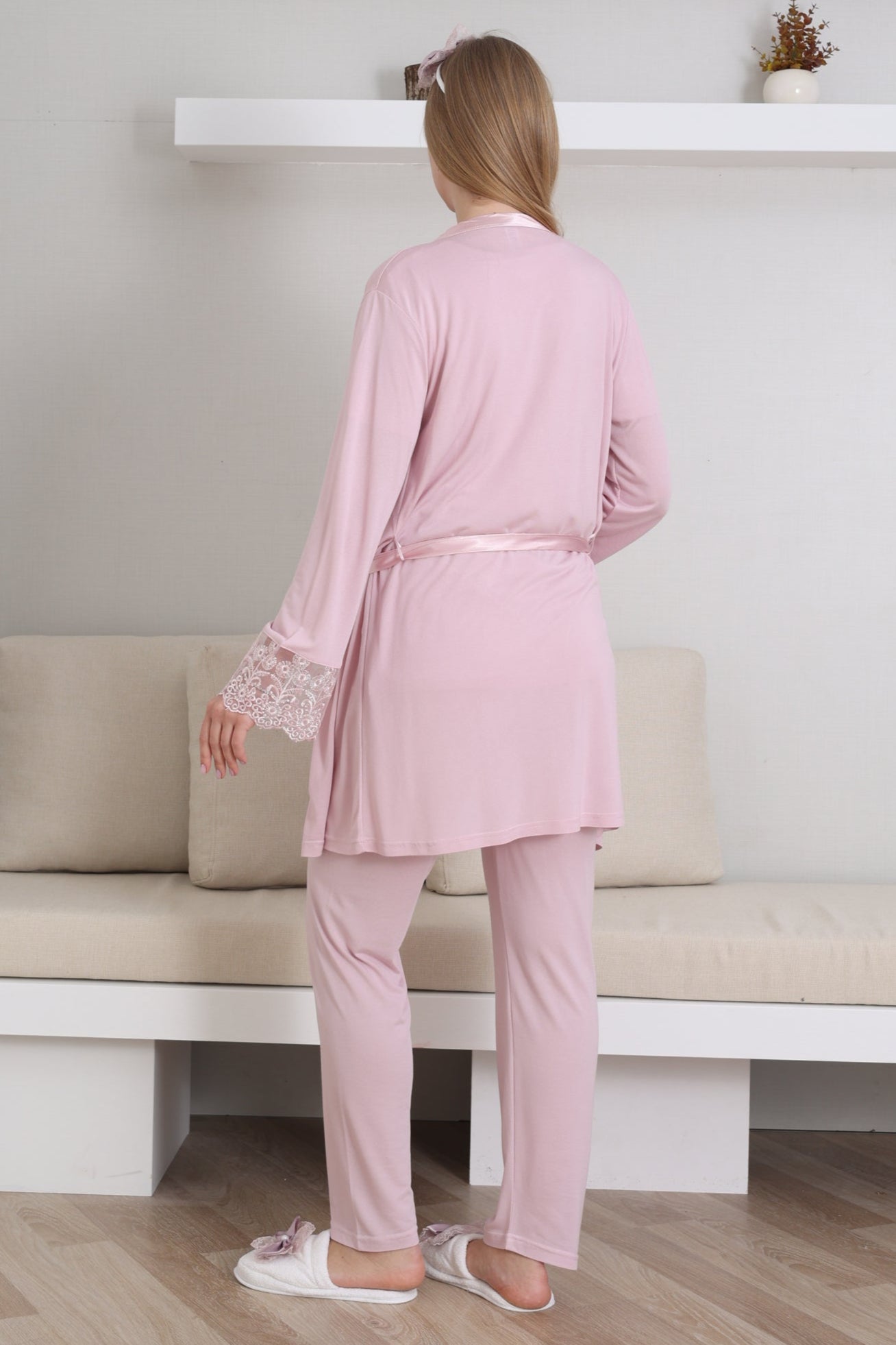 Dantelli Kol Lohusa Pijama ve Sabahlık Takımı - 3434