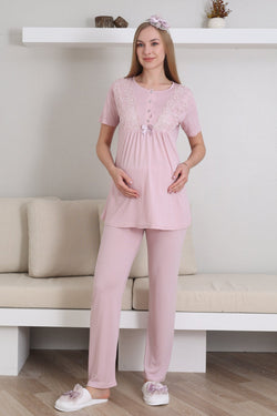 Image of Dantelli Kol Lohusa Pijama ve Sabahlık Takımı - 3434