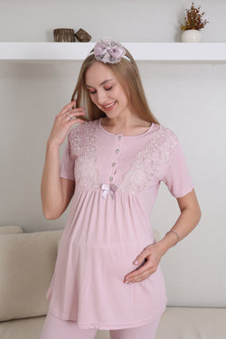 Image of Dantelli Kol Lohusa Pijama ve Sabahlık Takımı - 3434