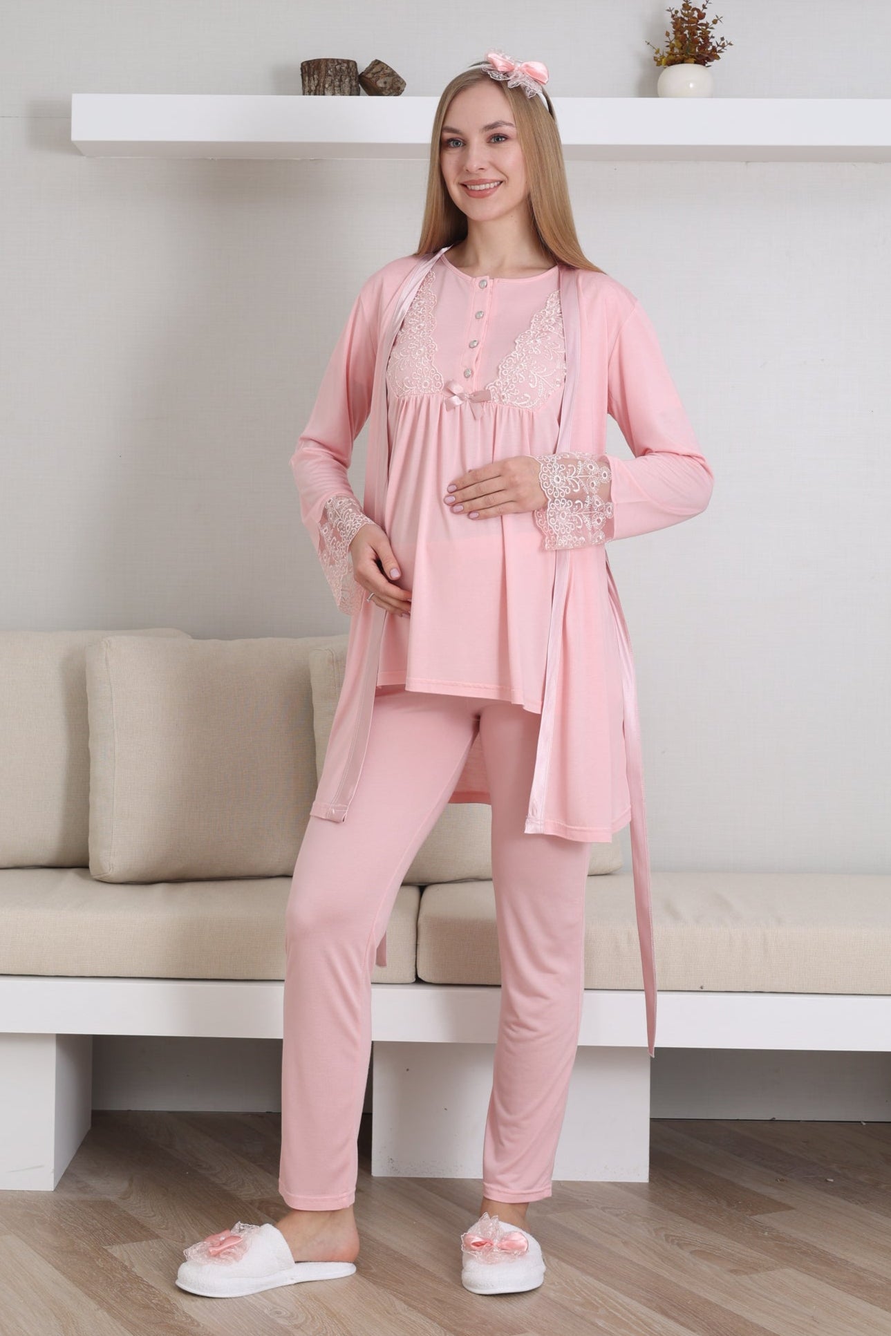Dantelli Kol Lohusa Pijama ve Sabahlık Takımı - 3434
