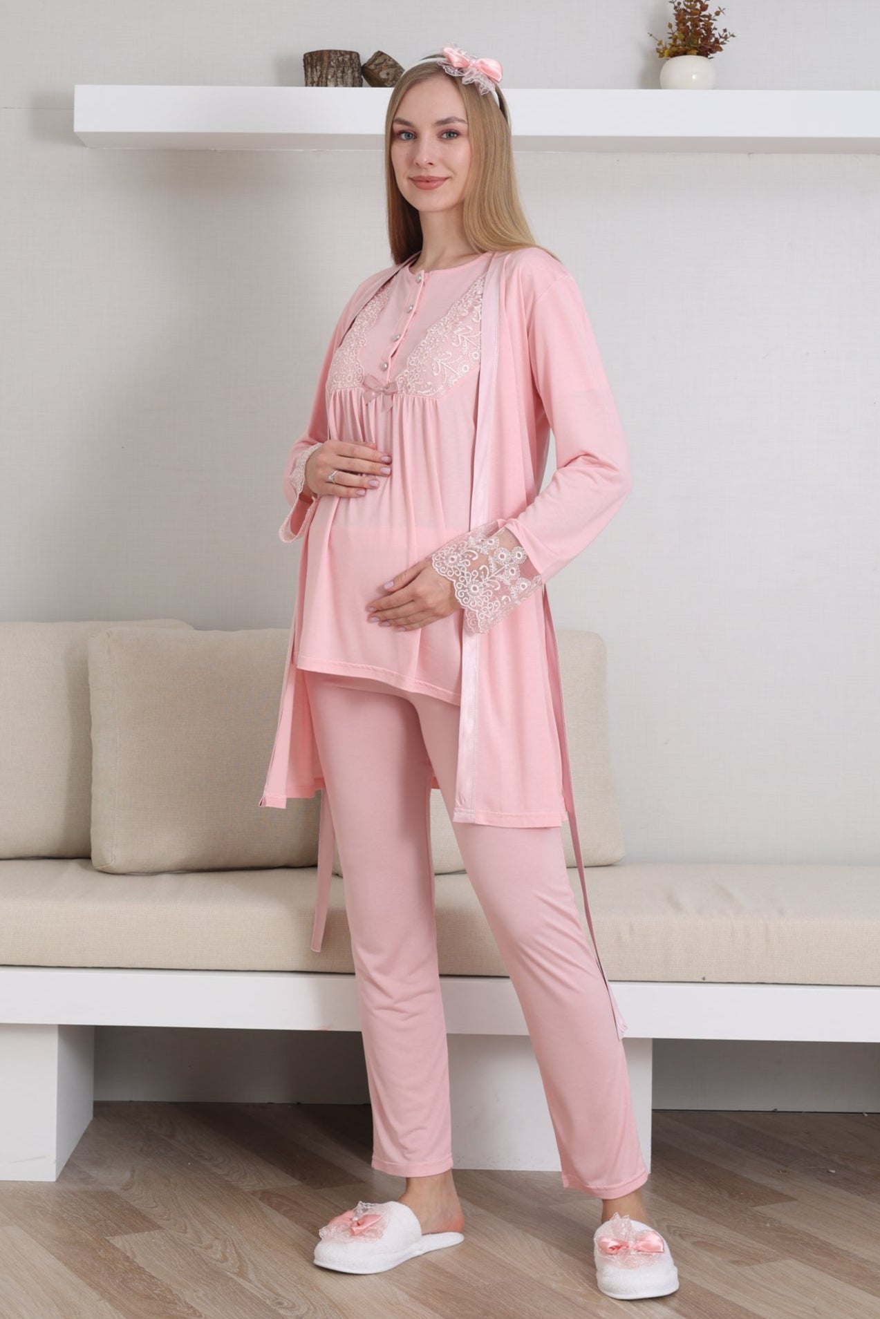 Dantelli Kol Lohusa Pijama ve Sabahlık Takımı - 3434