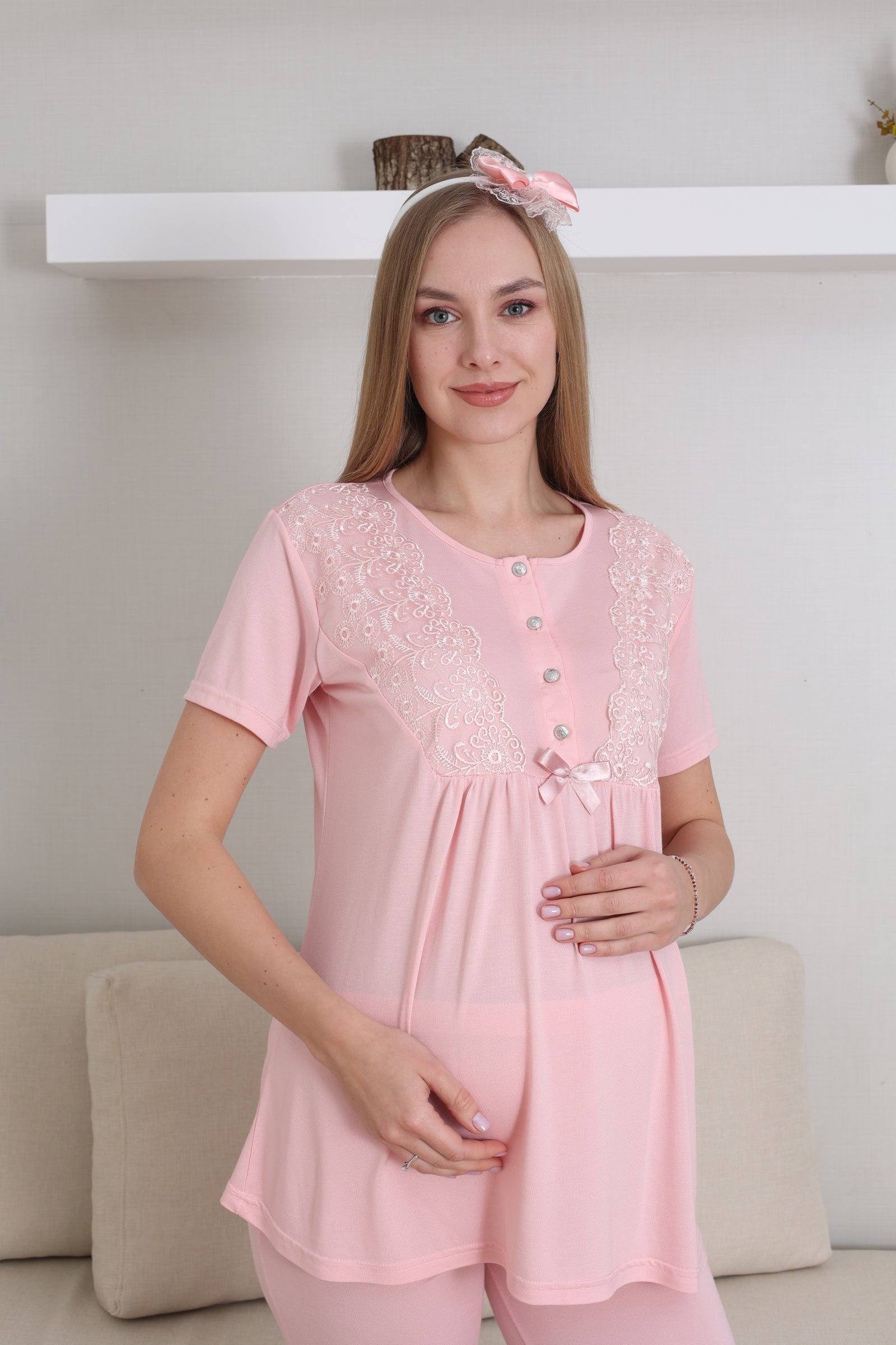 Dantelli Kol Lohusa Pijama ve Sabahlık Takımı - 3434