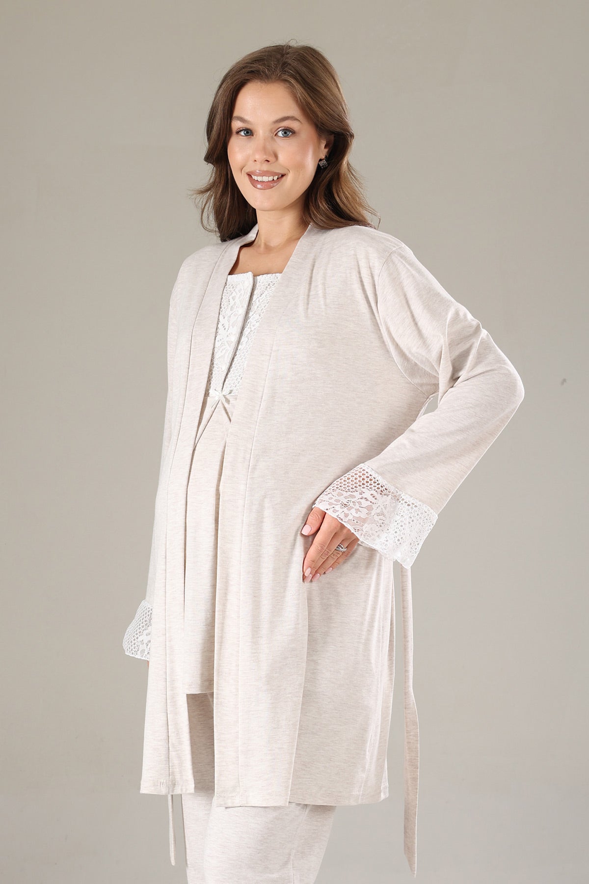 Dantelli Yaka Lohusa Pijama ve Dantelli Kol Sabahlık Takımı - 801