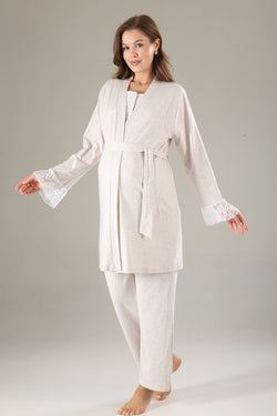 Image of Dantelli Yaka Lohusa Pijama ve Dantelli Kol Sabahlık Takımı - 801