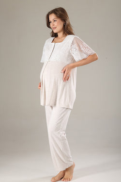Image of Dantelli Yaka Lohusa Pijama ve Dantelli Kol Sabahlık Takımı - 801