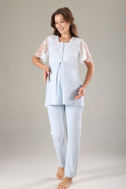 Image of Dantelli Yaka Lohusa Pijama ve Dantelli Kol Sabahlık Takımı - 807