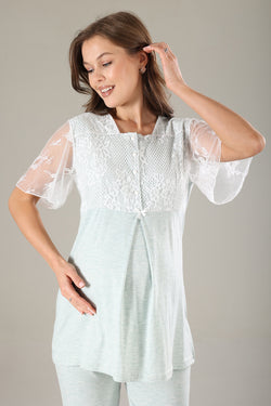 Image of Dantelli Yaka Lohusa Pijama ve Dantelli Kol Sabahlık Takımı - 804