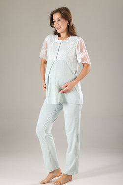 Image of Dantelli Yaka Lohusa Pijama ve Dantelli Kol Sabahlık Takımı - 804