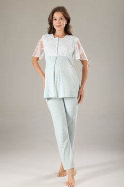Image of Dantelli Yaka Lohusa Pijama ve Dantelli Kol Sabahlık Takımı - 804