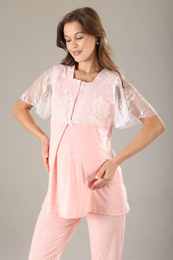 Image of Dantelli Yaka Lohusa Pijama ve Dantelli Kol Sabahlık Takımı - 802