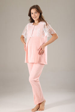 Image of Dantelli Yaka Lohusa Pijama ve Dantelli Kol Sabahlık Takımı - 802